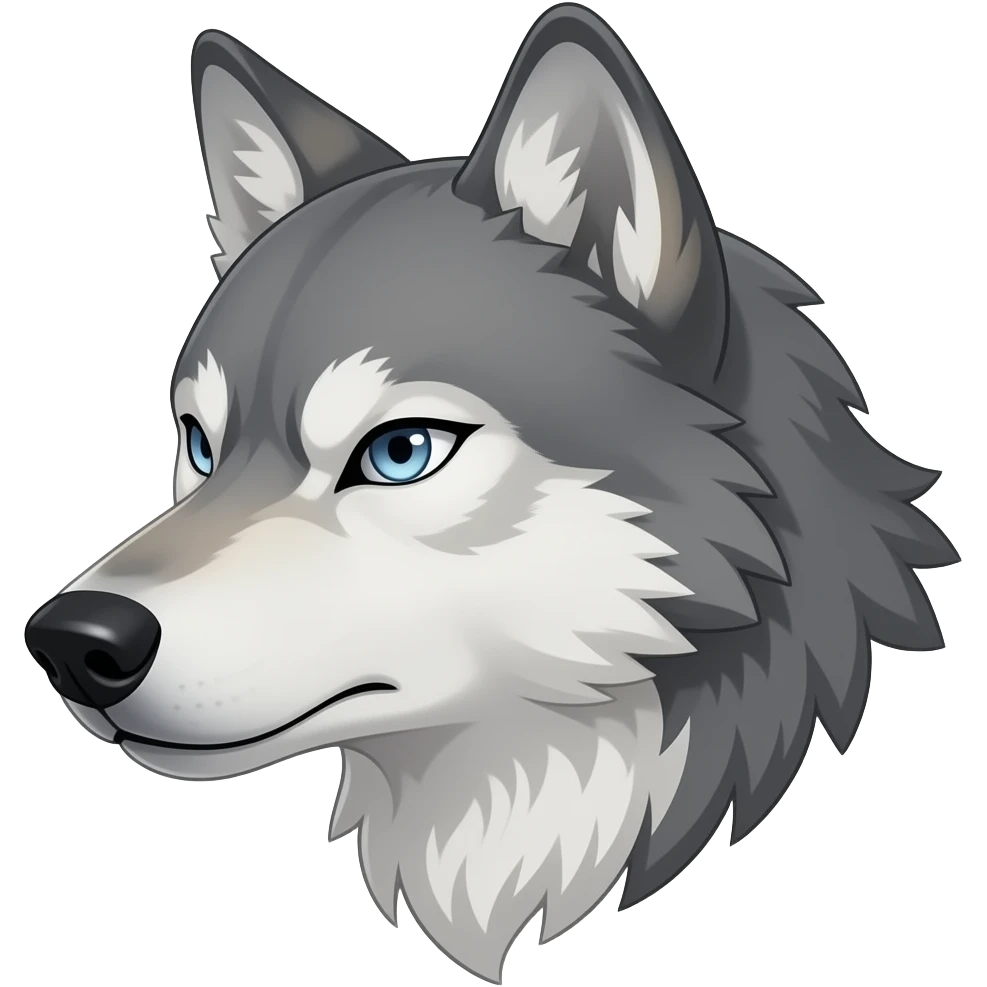 angry face soft light alpha gray wolf head little bit anime eyes realistic Turn sideways light blue gray eyes dead stare emoji