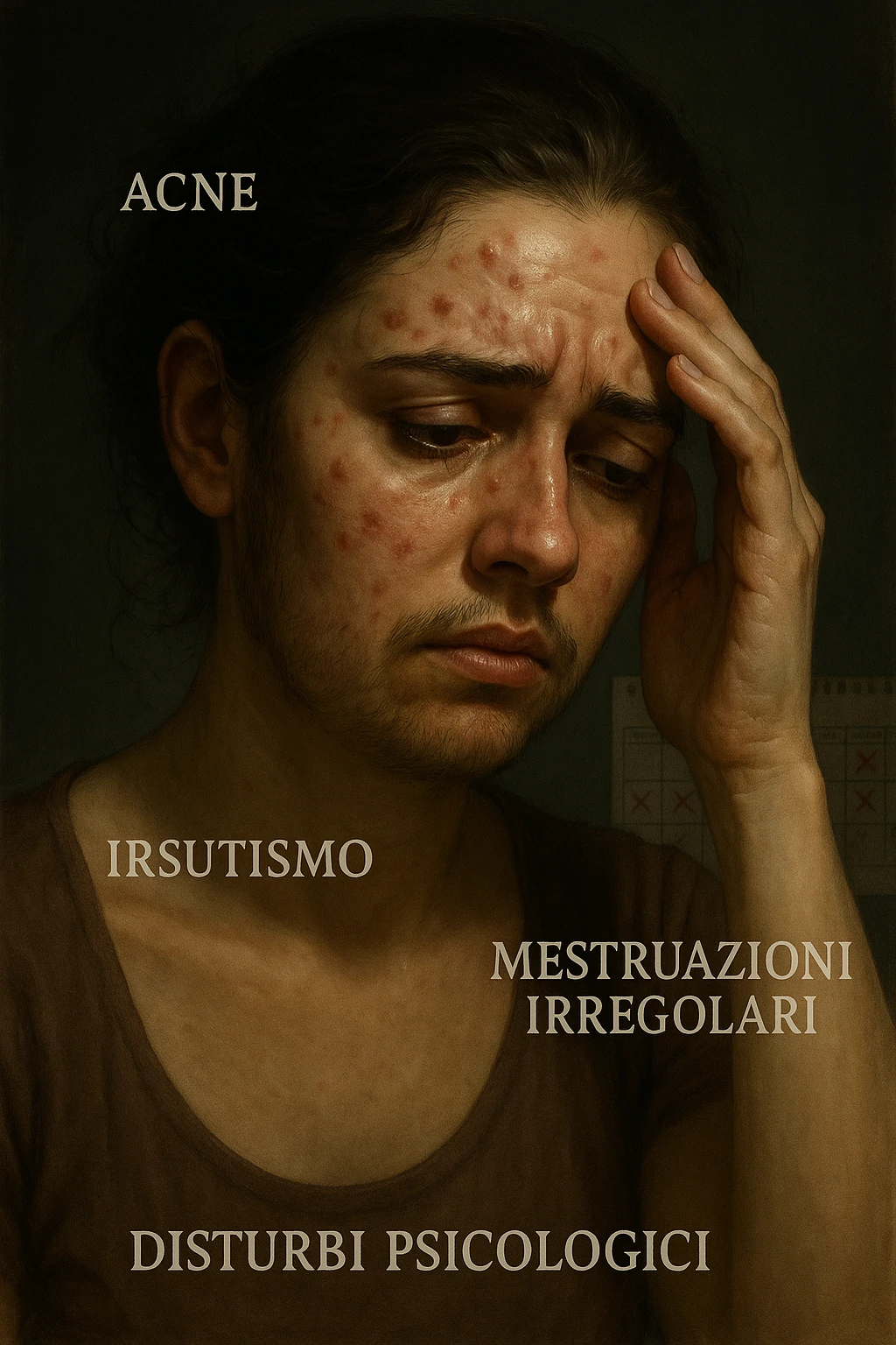vertical realistic illustration: woman showing PCOS signs such as acne, hirsutism, irregular menstruation, psychological distress. Dramatic clinical lighting, Italian captions, aspect ratio 2:3 emoji