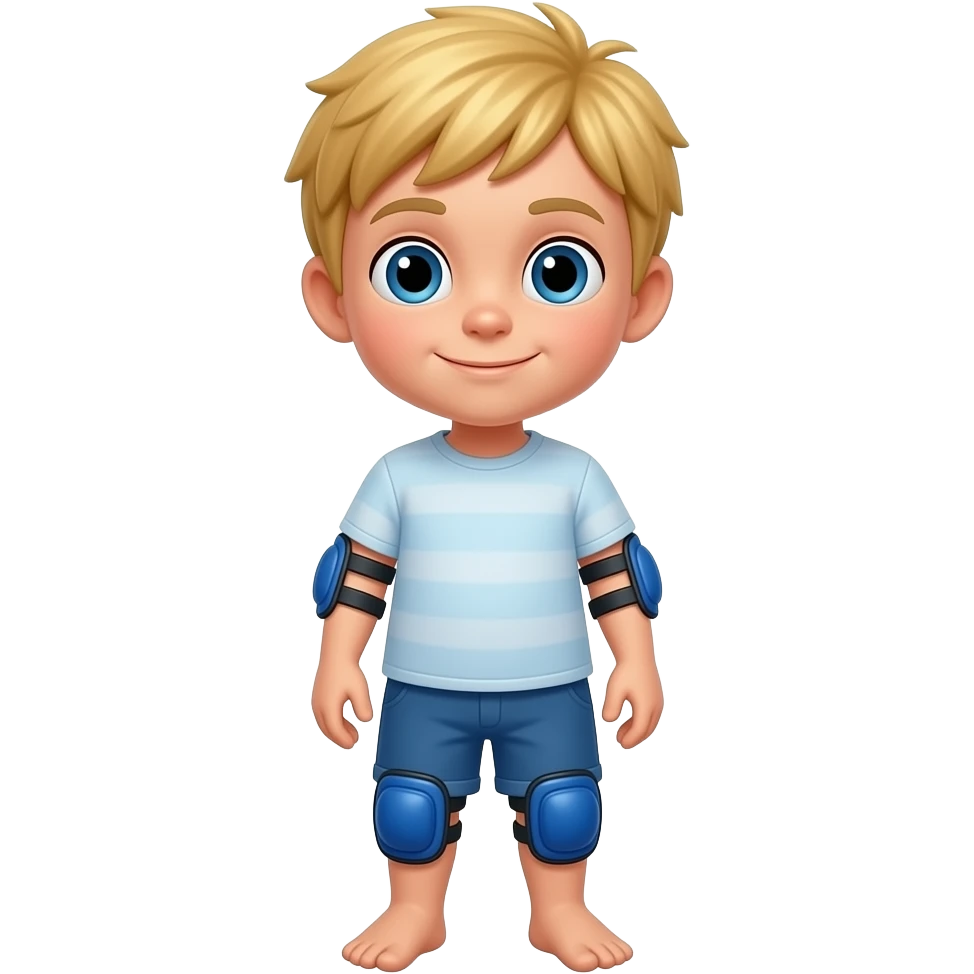 Child boy blonde hair, standing upright, wearing blue elbow pads and knee pads, ready-to-play expression, front-facing pose. emoji