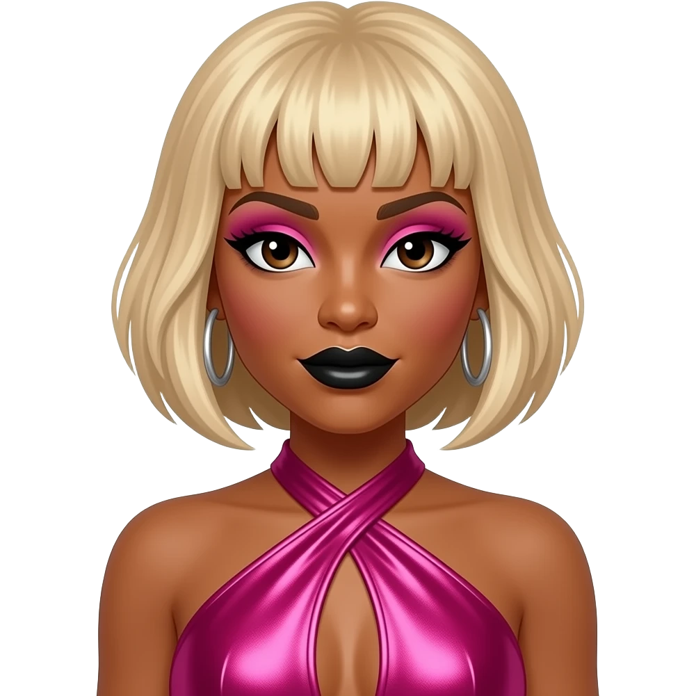 Tionne T-Boz Watkins from TLC with dark brown eyes, short and long blonde hair, hot pink eyeshadow, black lipstick, hot pink metallic halter dress, silver earrings emoji
