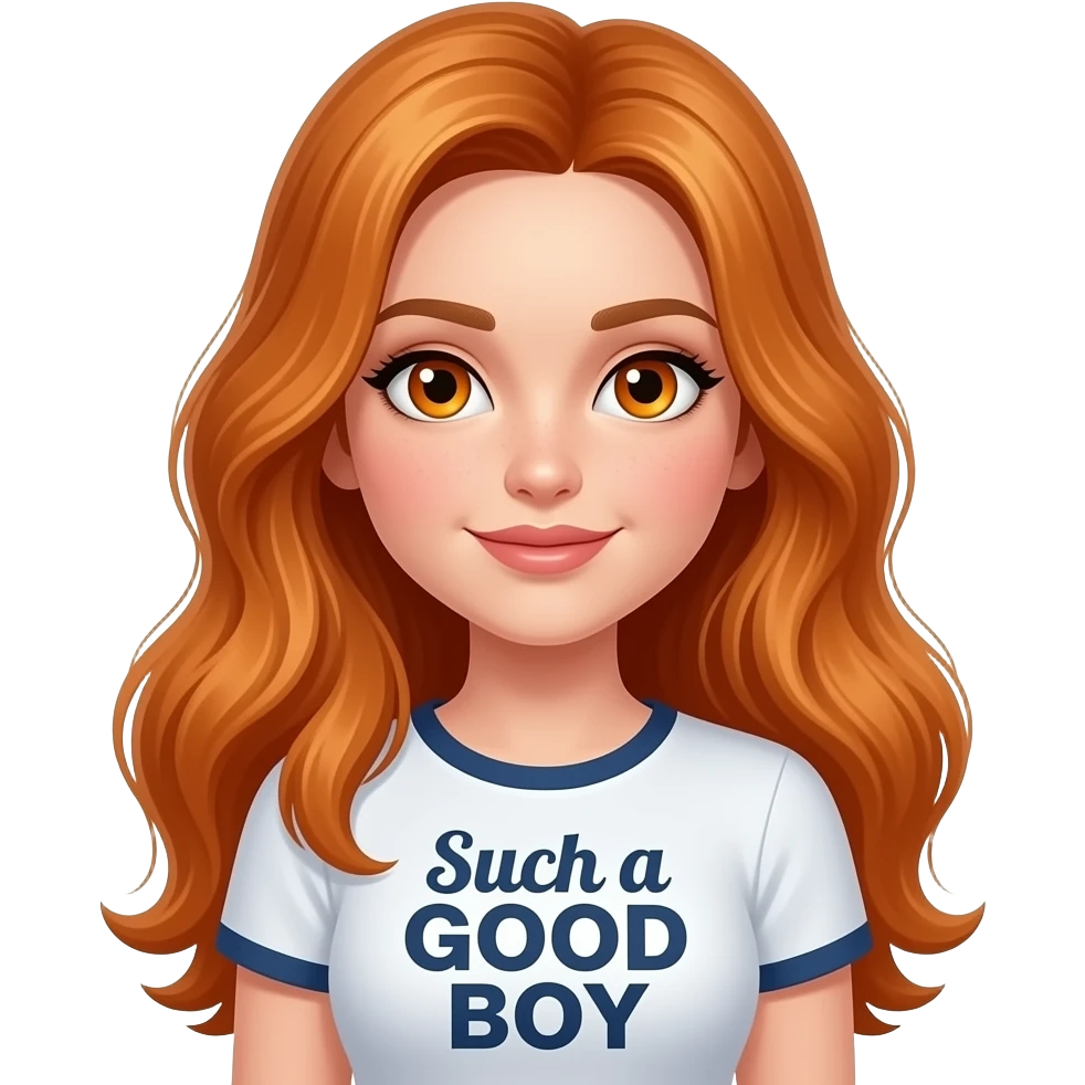 sexy girl with overlong ginger hair and ginger eyes a top with Such a GOOD BOY written on it emoji