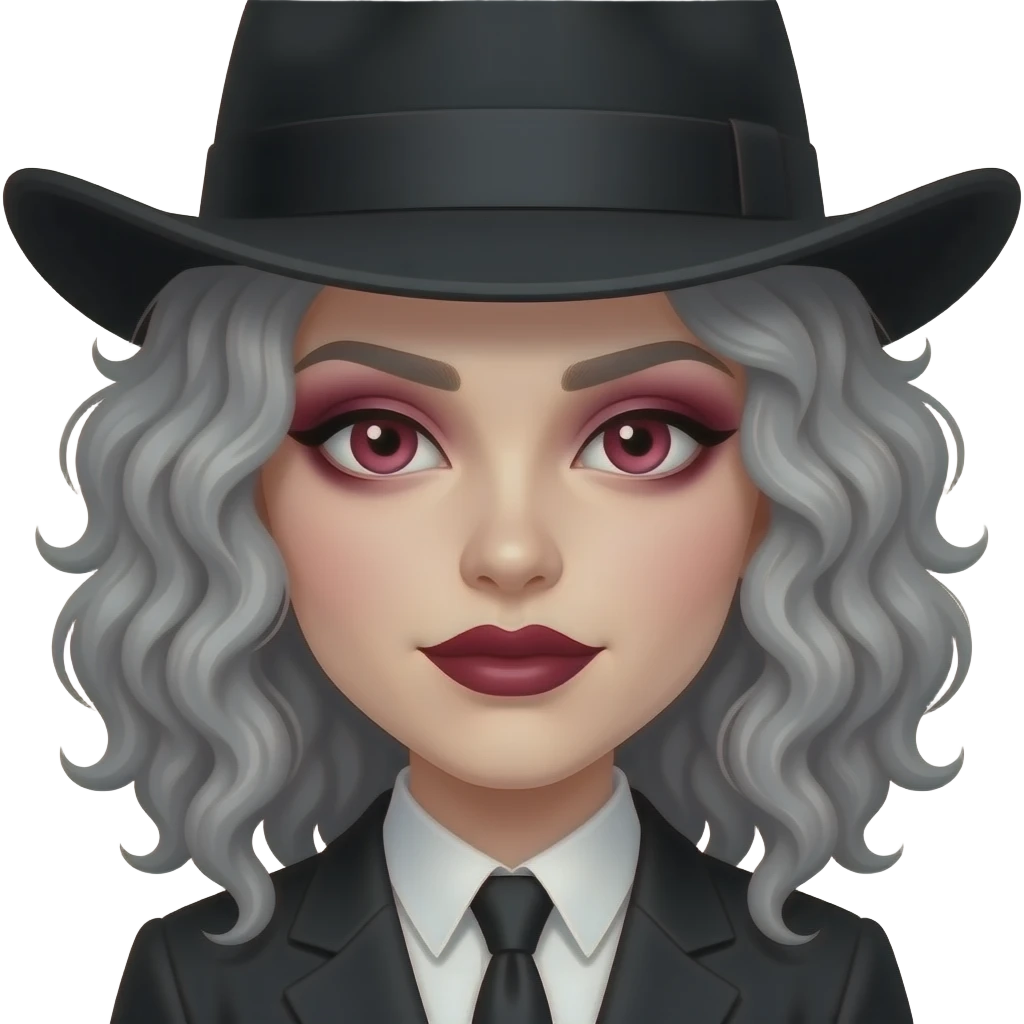 goth in curly grey hairs wear a hat and vibrant mehroon eye shadow and lipstick emoji