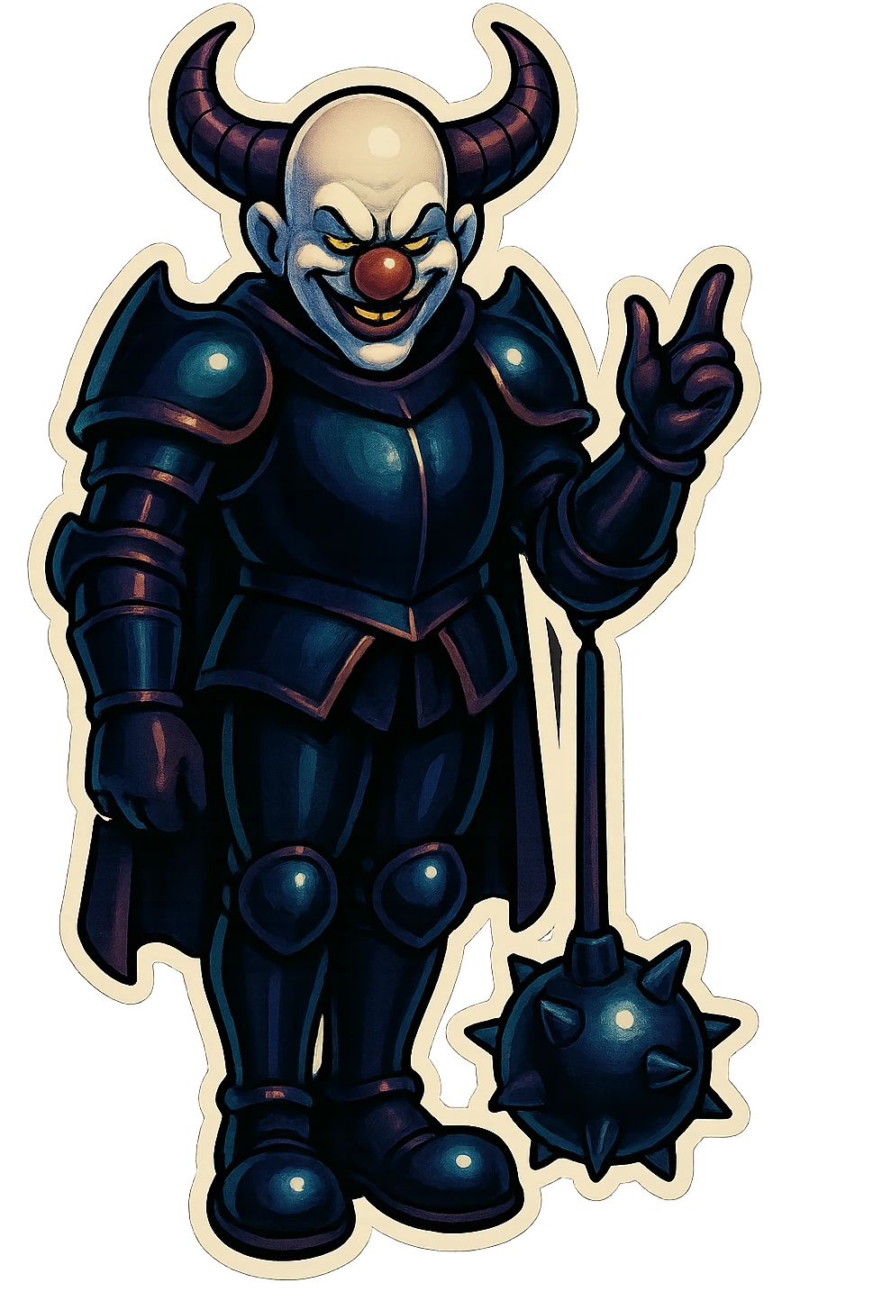 An evil, menacing armored clown with no hair, ram horns pointing up, glossy black on matte black armor, short cape hanging down, large black clown shoes, standing relaxed with feet close together, arms down, oversized spiked mace hanging to the ground, eyes barely open, sinister smile, gesturing with his free hand, vibrant retro stickers style, no yellow aged tint, full body, transparent background, reference images included emoji