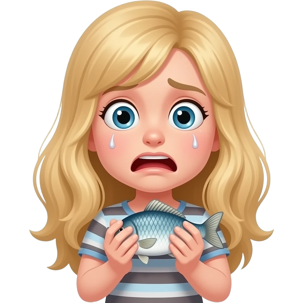 blonde haired girl scared to hold a fish emoji