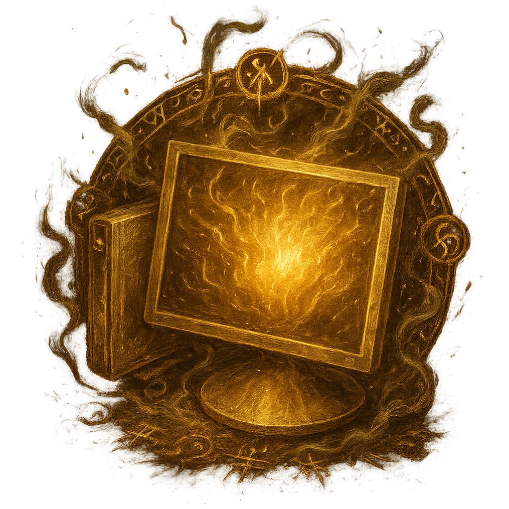 Make a version of the Windows 'My Computer' icon as an Elden Ring incantation with a transparent background. Show the computer glowing with golden light, magical glyphs, and ethereal smoke, in the style of Elden Ring spell icons. 1080 x 1080 format. emoji