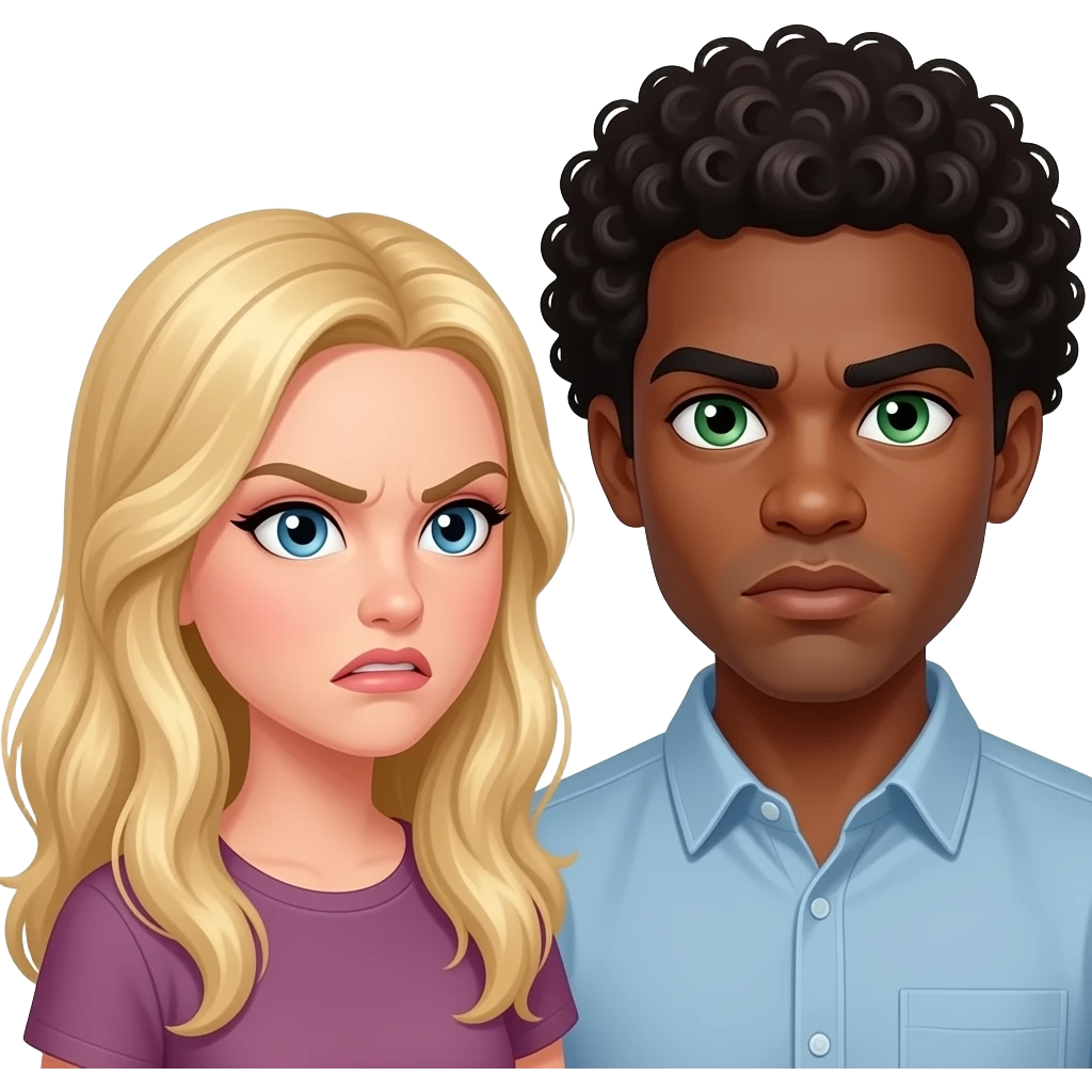 White girl blonde long hair angry at light black guy curly hair green eyes emoji
