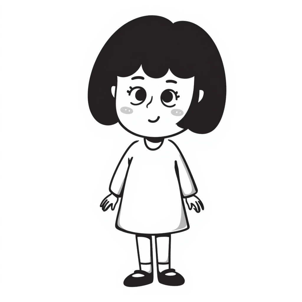 cute girl with blunt bangs, mid-short hair, big eyes, hand-drawn doodle style emoji