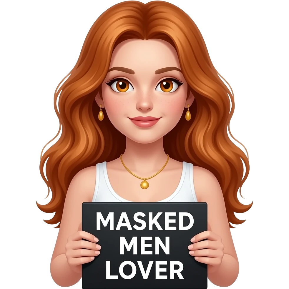 sexy girl with long wavy ginger hair and ginger eyes wearing a white tanktop is holding a black colored sign with MASKED MEN LOVER written on it emoji