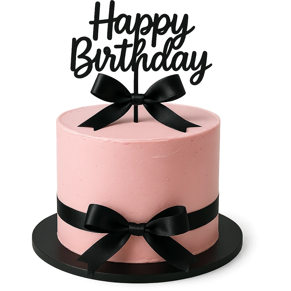 Pink birthday cake with black ribbons, remove background emoji