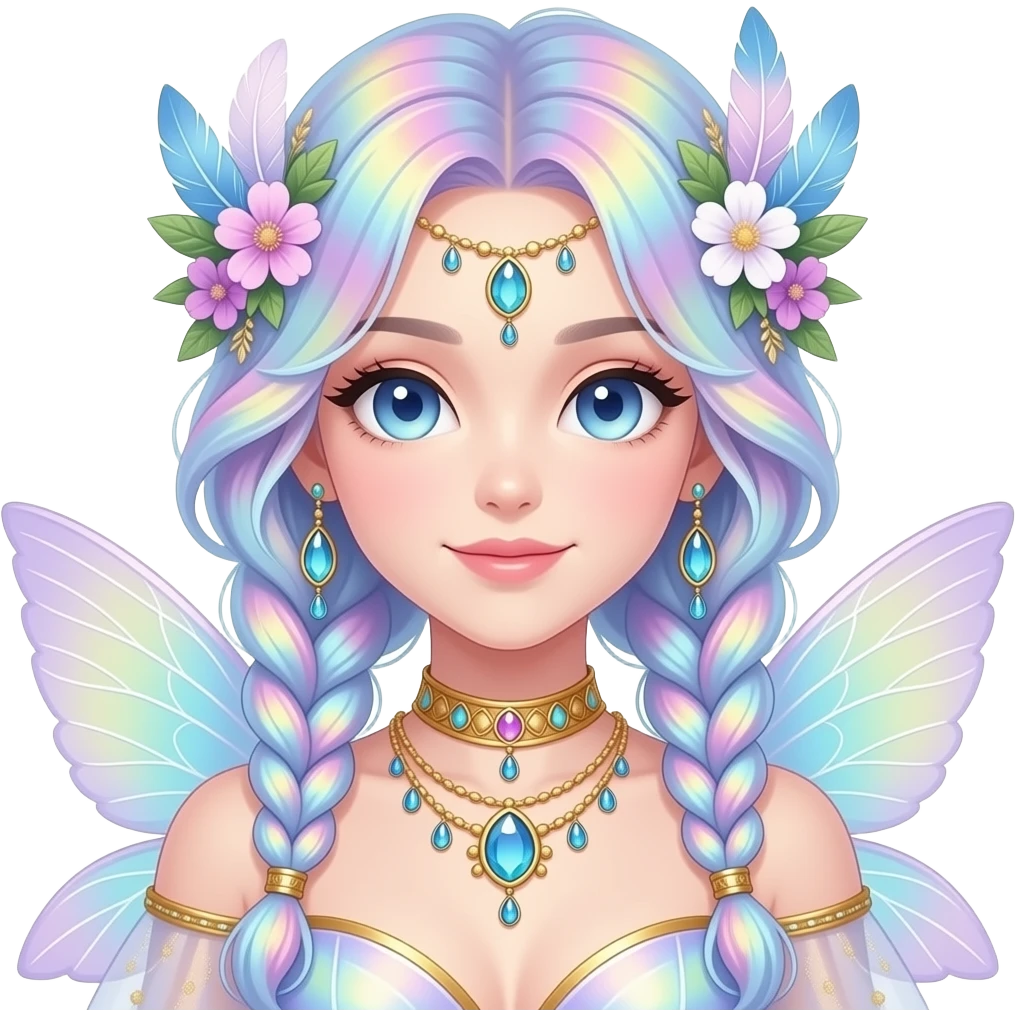 Beautiful gorgeous anime lady with beautiful iridescent-braided-hair, fashion aesthetic, ethereal, fairycore, pastelcore, feathers, flowers, gems, accessories, jewelries, gold, colorful emoji