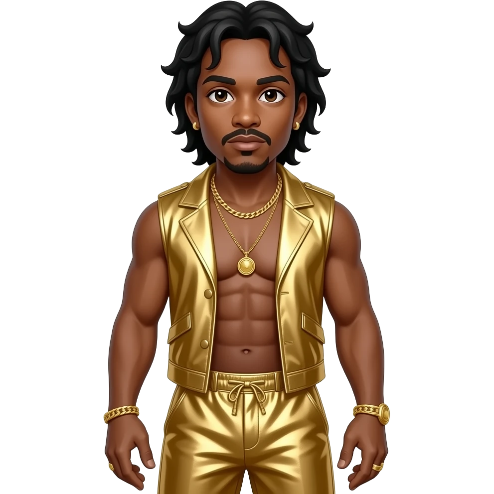 MC Hammer, Rapper with dark brown eyes, black hair, gold metallic vest, gold metallic baggy harem pants, shirtless with gold necklace and earrings emoji