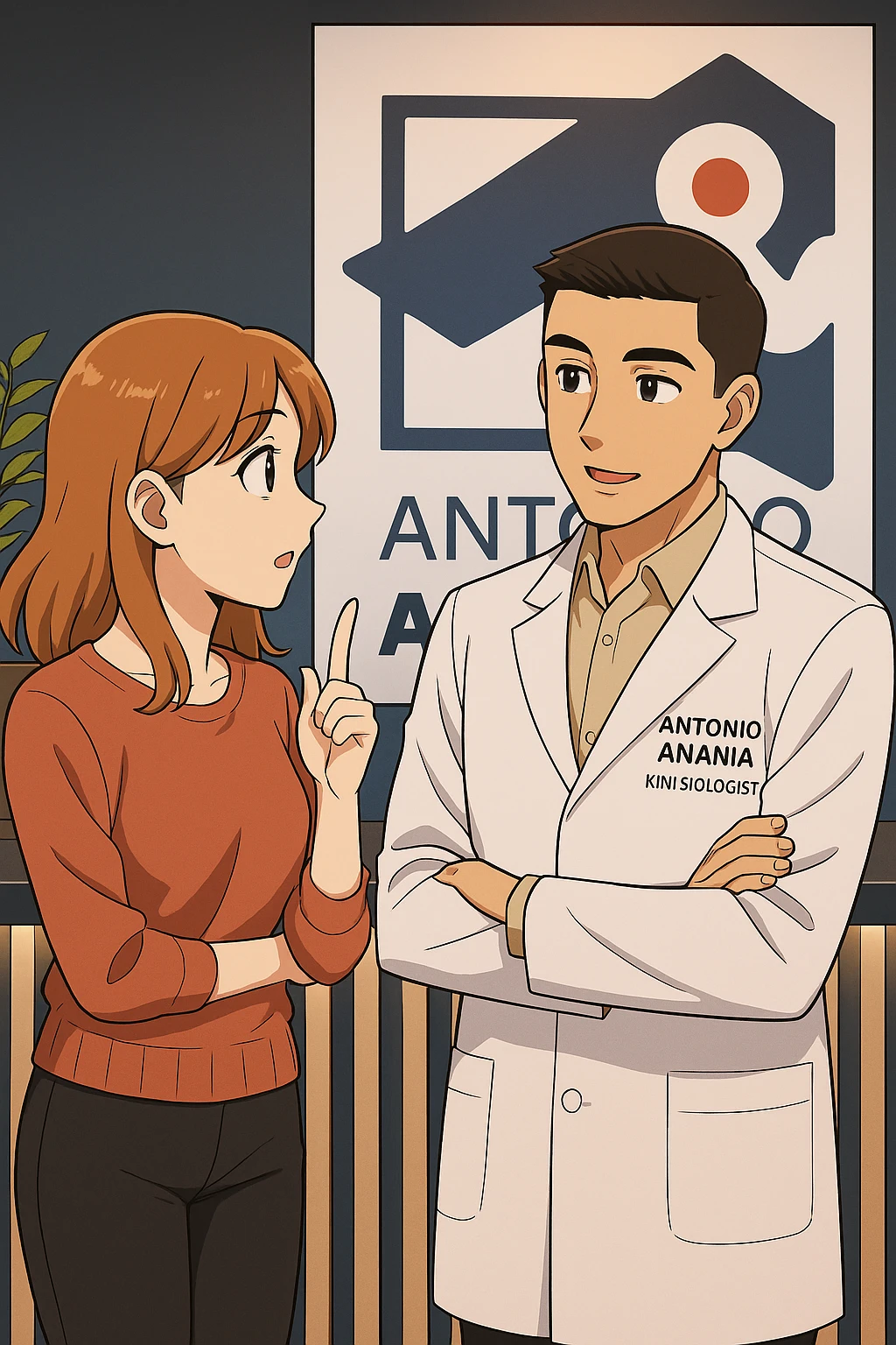 su questo stile fai un manga/webtoon a colori in cui una donna incuriosita fa una DOMANDA ALL'UOMO, l'uomo della foto in stile manga LE risponde, mantieni un ambiente simile alla foto che ho allegato con il suo logo (sarebbe il suo studio, lui è un kinesiologo), scrivigli "ANTONIO ANANIA" sul camice bianco, non mettere fumetti, ma fai in modo che sembri che la donna CHIEDA curiosa E L'UOMO le risponda emoji