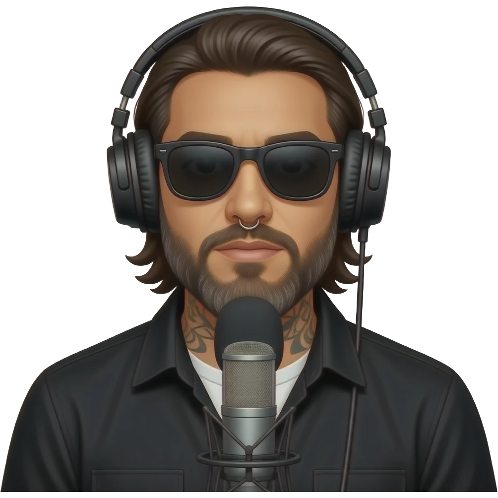 A podcast host wearing headphones and sitting in front of a microphone who is a handsome Latino man with medium length hair and pretty long beard with some grays and tattoos with a right nose hoop and a left earring hoop wearing all black with a white undershirt and black sunglasses emoji