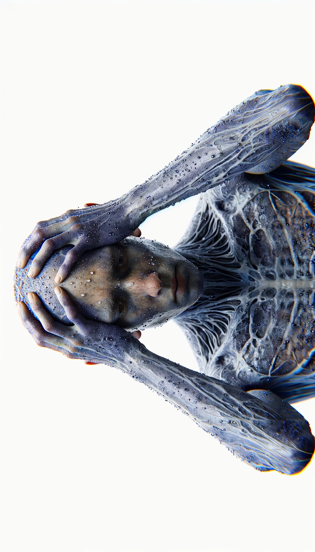 CORPO UMANO ANATOMICO REALISTICO CON COLORI REALISTICI DISPERATO, POSA FRONTALE,  SI TIENE LE MANI SULLA FRONTE E NON SA COSA FARE, SUDATO, IPERREALISTICO 4K, SFONDO BIANCO emoji