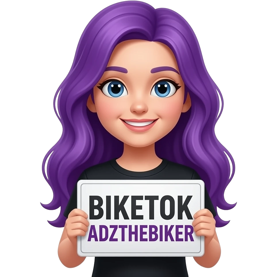girl with long purple hair with a BIKETOK ADZTHEBIKER sign emoji