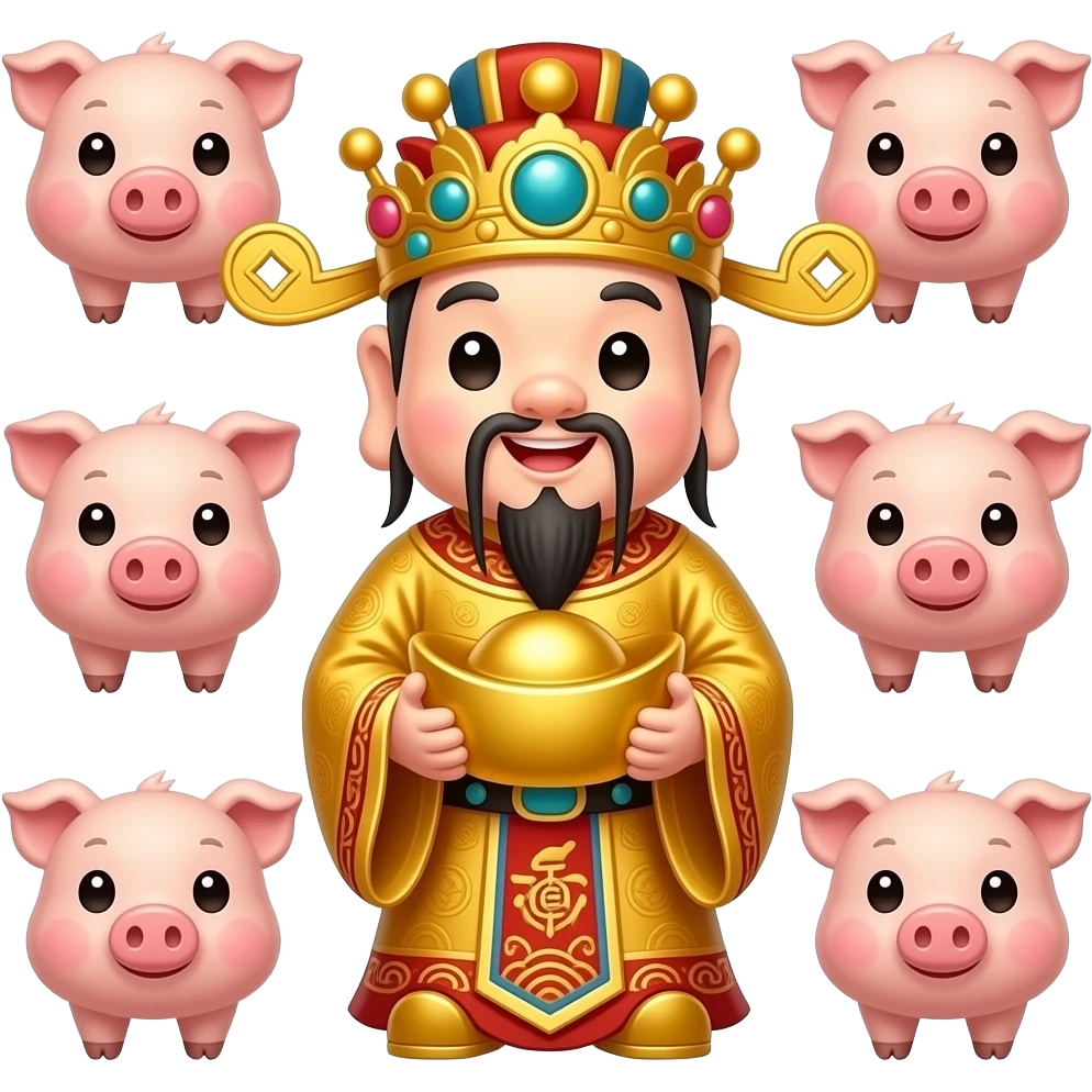 Chinese God of Wealth with cute pigs around him emoji
