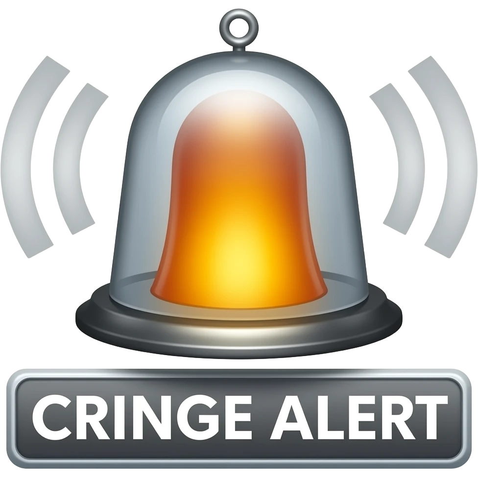 A blaring alarm with visual sound effects, a label below it with text "Cringe alert", filled background emoji