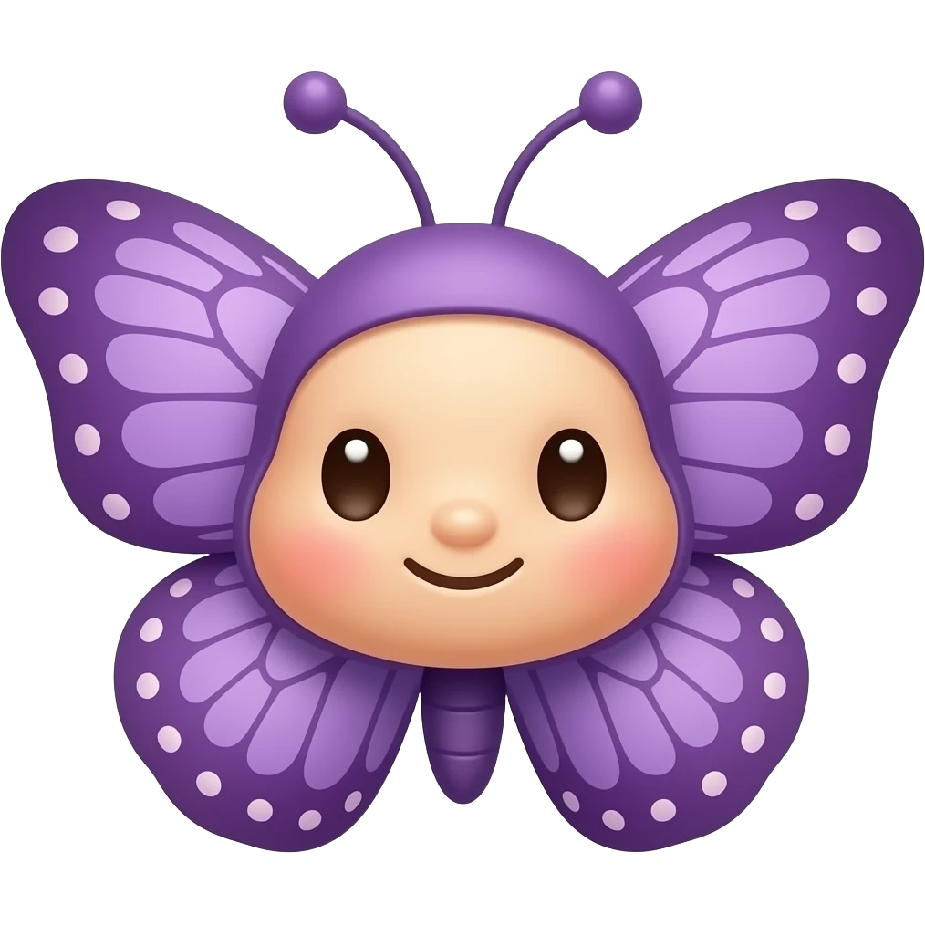 Милая мордочка бабочки с фиолетовыми крыльями, смотрит вправо, улыбается emoji