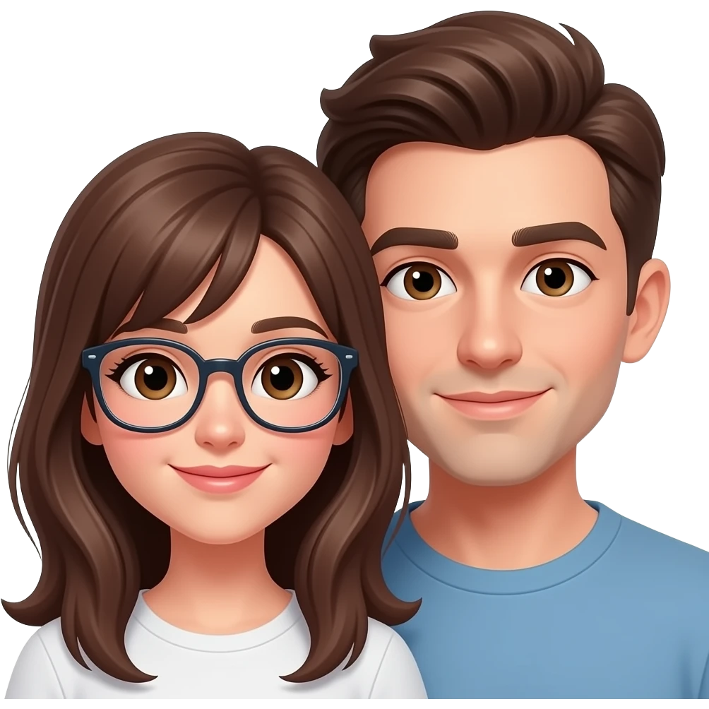 Woman with brown hair and glasses, man with brown hair, couple, in love, teenager emoji