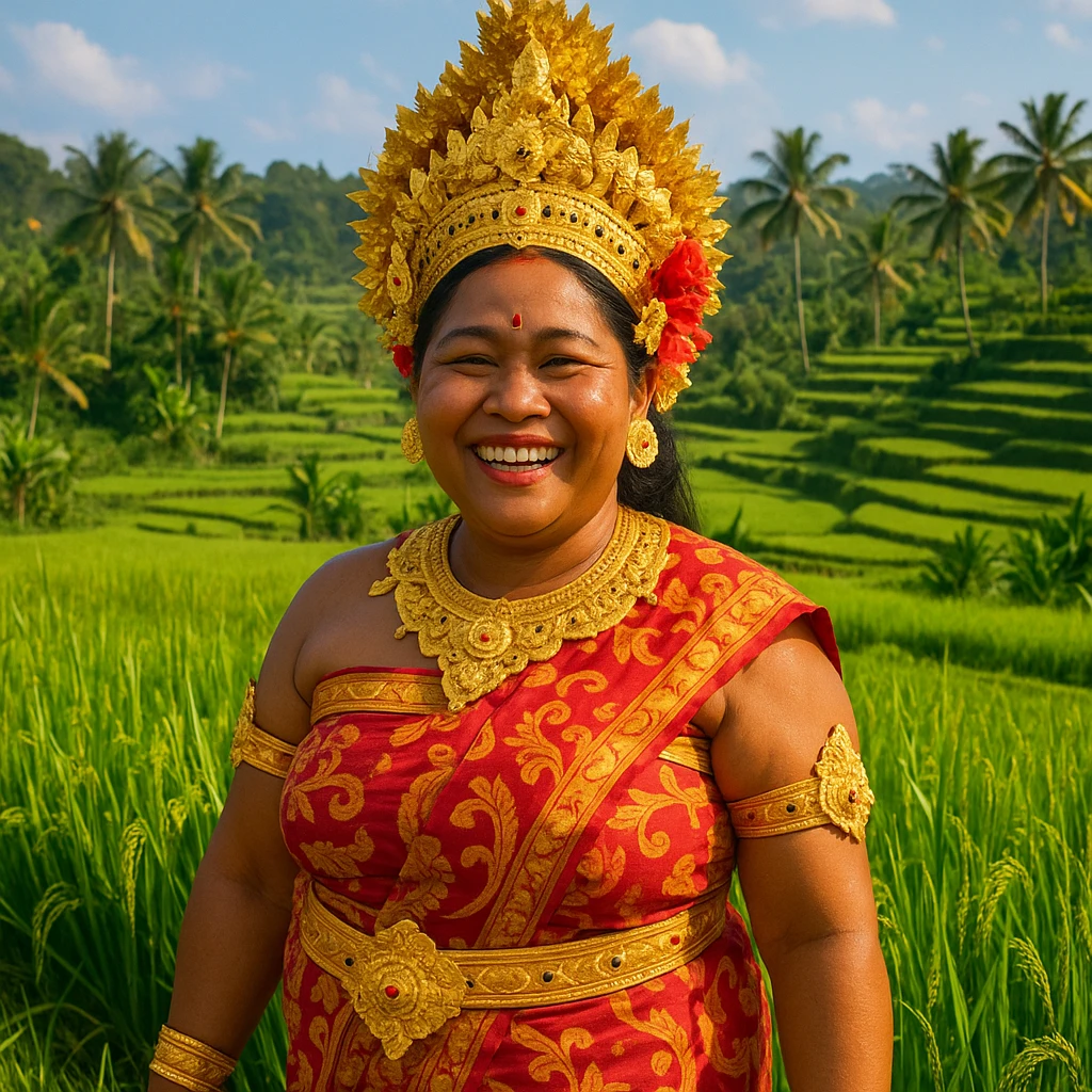 a Balinese person in festive clothing with gold accessories, joyful face, rice field setting emoji