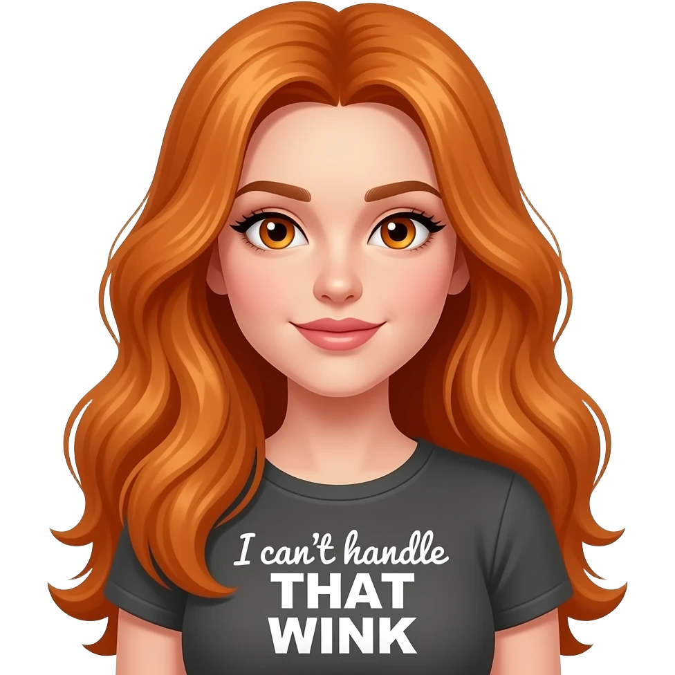 sexy girl with overlong ginger hair and ginger eyes a top with I can't handle THAT WINK written on it emoji