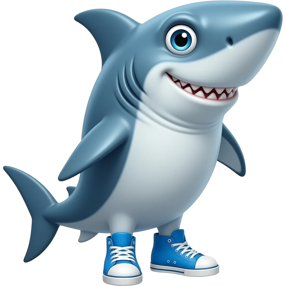a shark with a sleek blue body, big expressive eyes, and a slightly goofy grin. He stands upright like a human and wears bright blue sneakers, giving him a funny, cartoonish vibe with a mix of cool and absurd energy. emoji