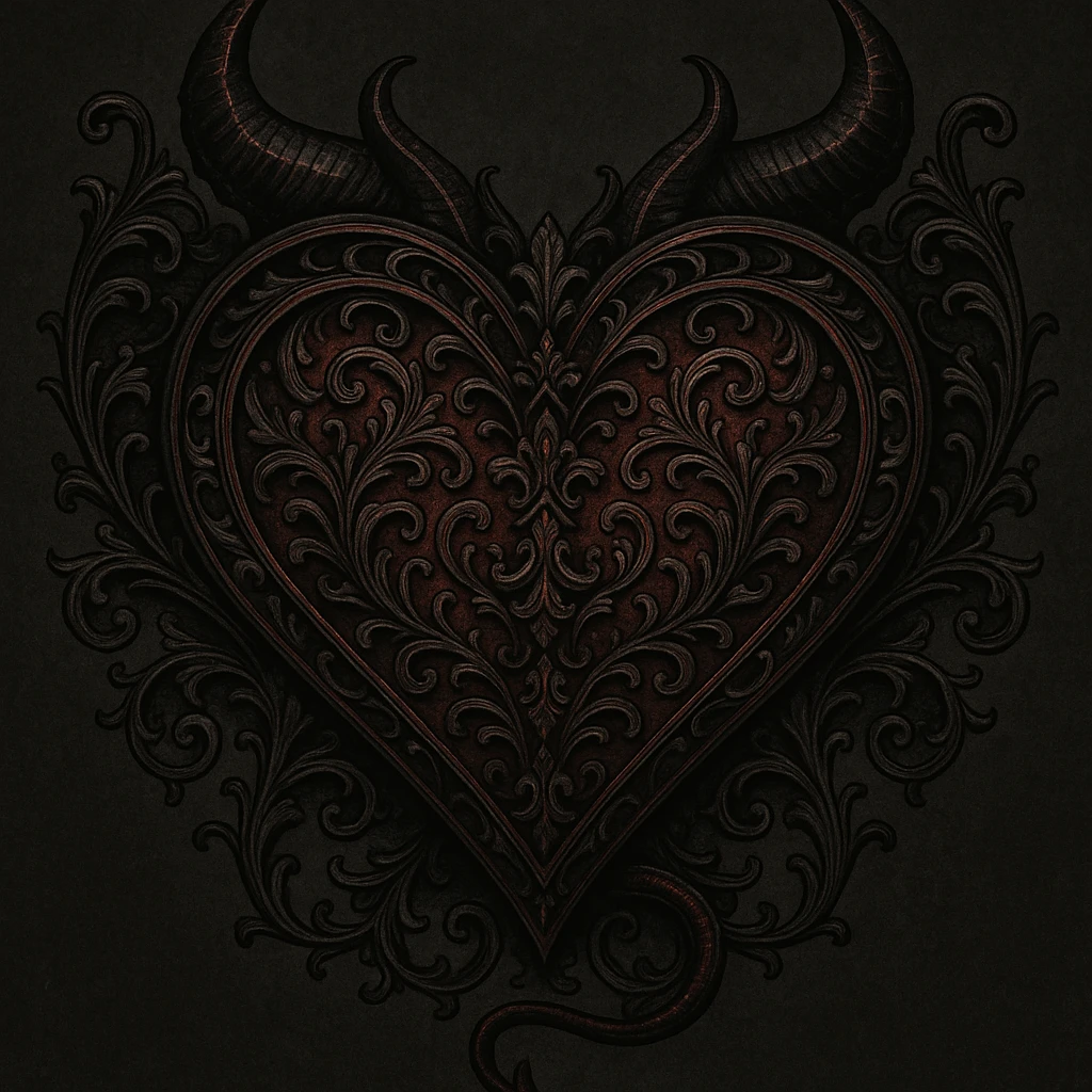 gothic devil heart, ornate details, black and crimson palette emoji