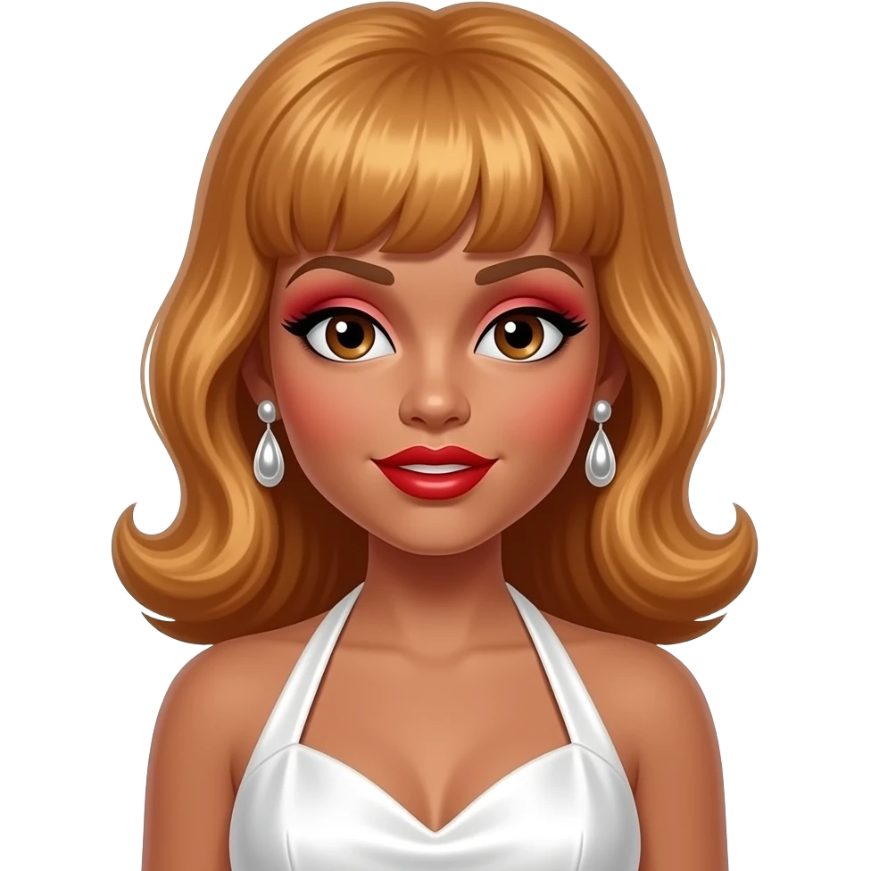 Mary Wells, Motown Singer with dark brown eyes, long ginger blonde 60s beehive bang hair, red eyeshadow and lipstick, white silk halter dress, silver earrings emoji