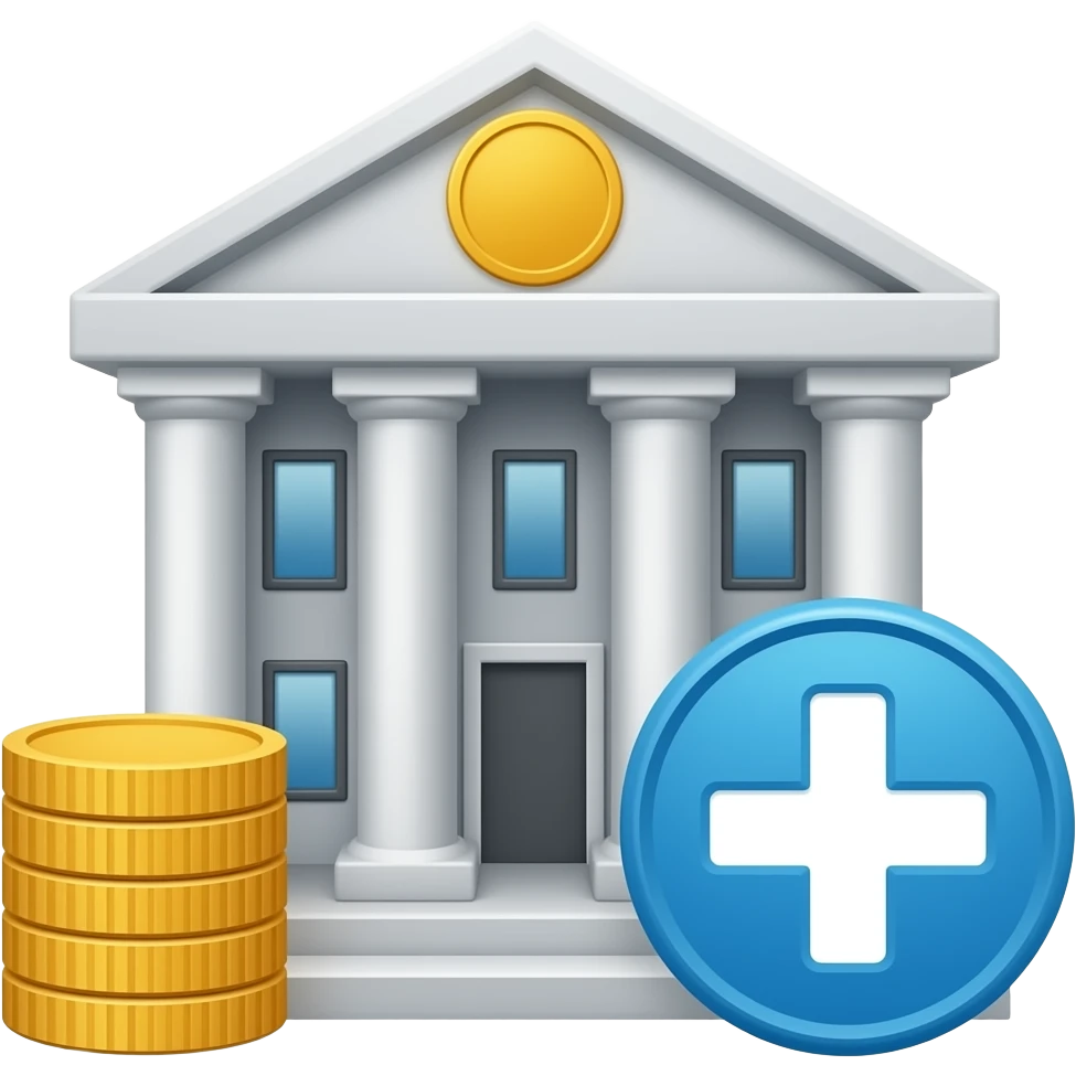 Create an emoji that shows a government building with a stack of coins and a plus sign. emoji