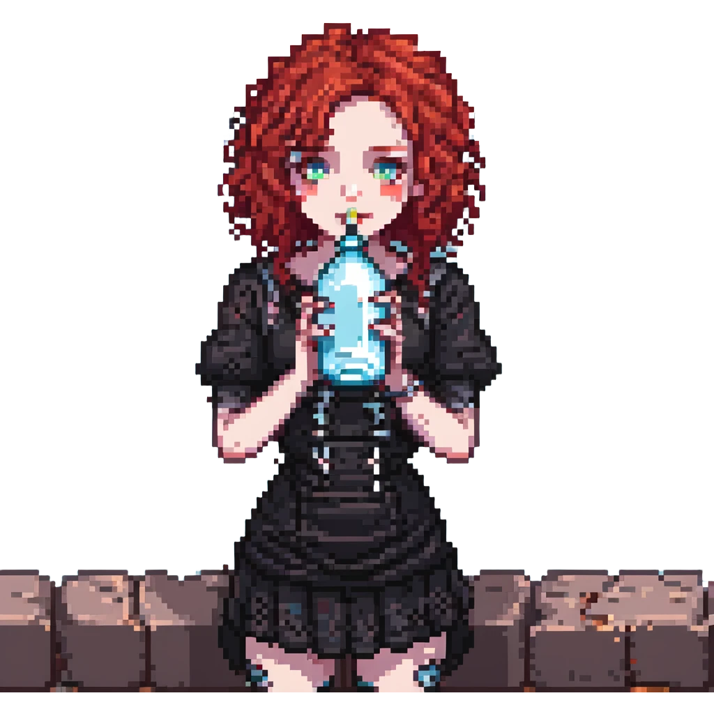 close-up goth girl with red curly hair drinking water emoji