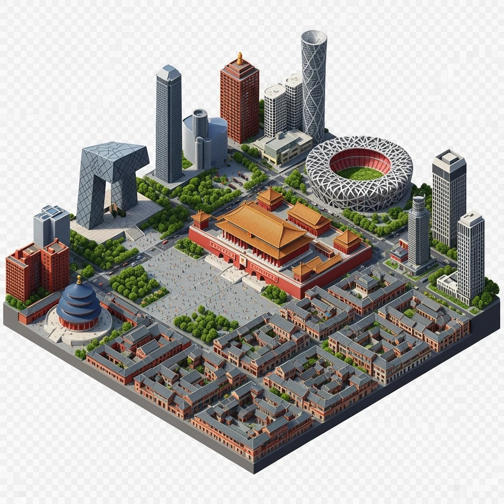 Isometric miniature of Beijing Forbidden City, Tiananmen Square, CCTV Headquarters, Temple of Heaven, China Zun Bird’s Nest Stadium and crowded hutong alleys, apartment blocks, 3D miniature effect and Tilt Shift effect, no cartoonish look, transparent background, don't cut angles emoji