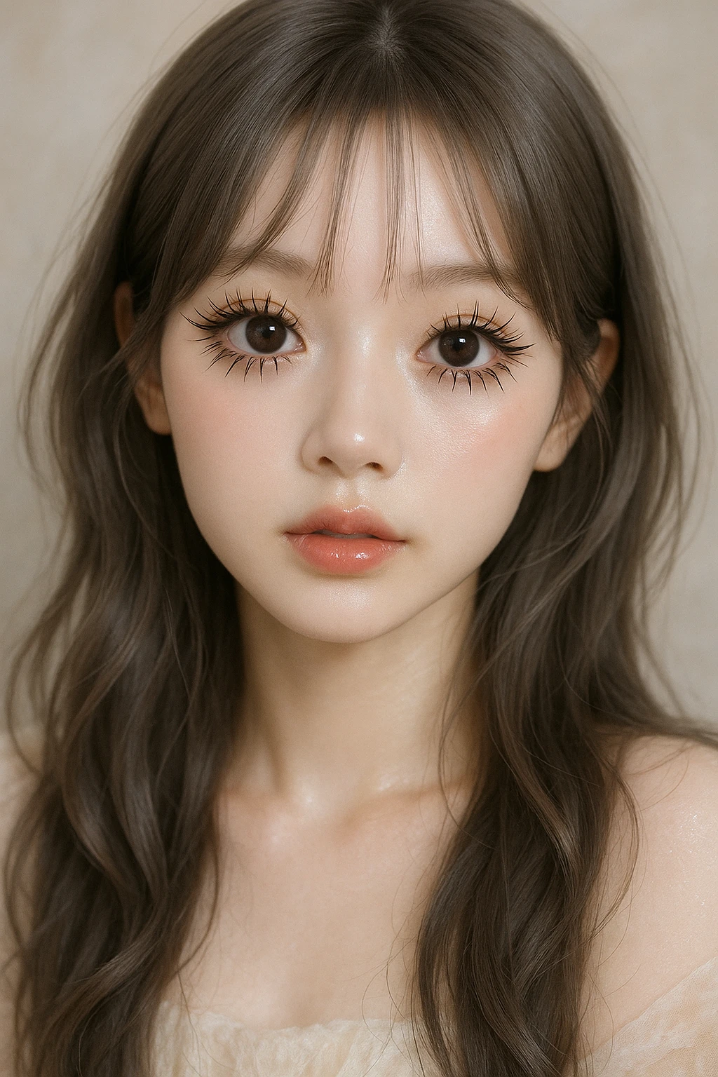 korean douyin makeup girl, brown-gray hair, large doe eyes, dramatic spider lashes, angelic expression, glowing skin emoji