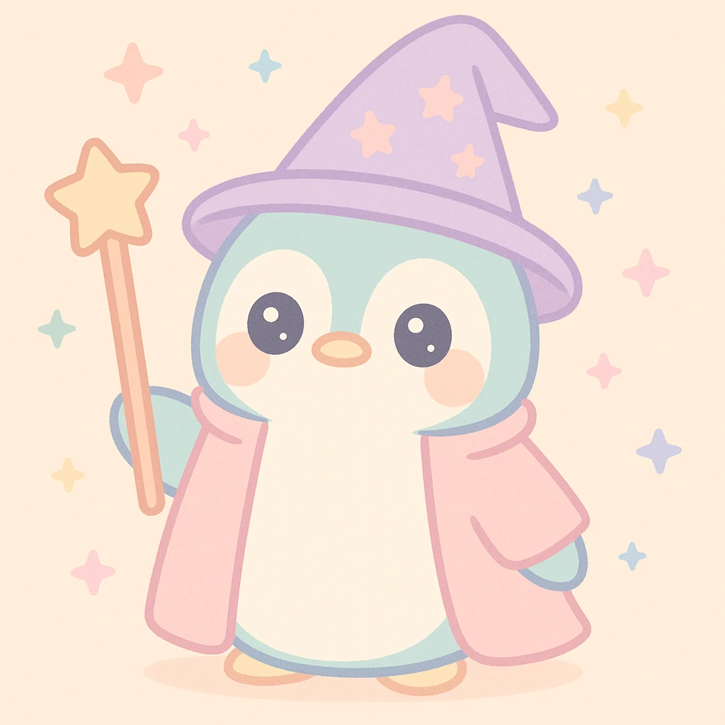 a penguin dressed as a wizard, with a pointy hat and a magic staff, charming colorful style emoji