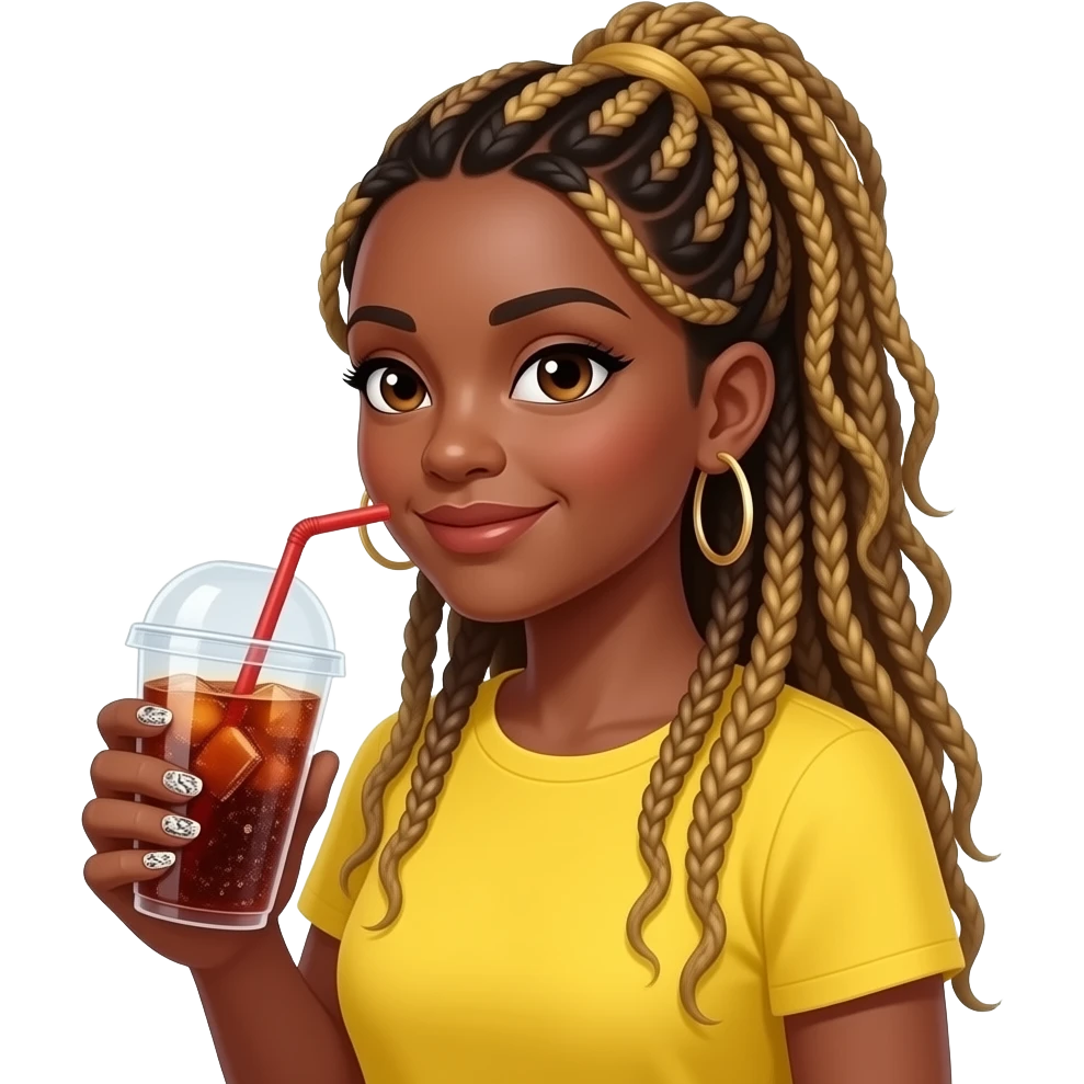 professional thick black woman in her 40s with long thin hair braids with blond tips pulled some up some down wearing a yellow top and holding cup of soda- her nails are painted with a design emoji