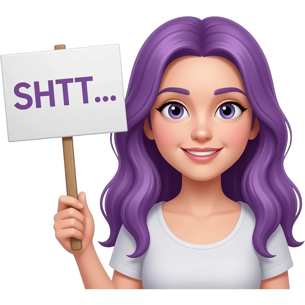 girl with long purple hair with a SHHT... sign emoji