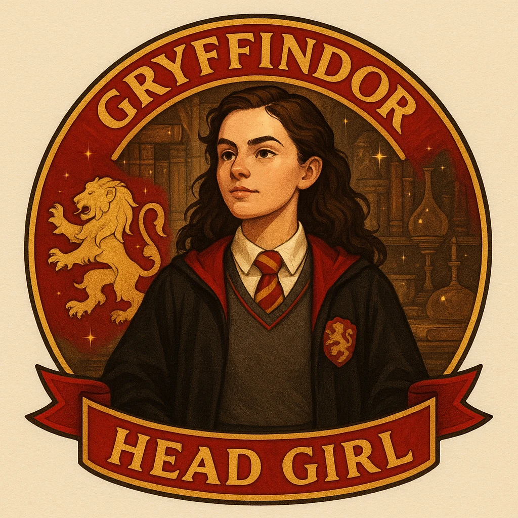 A badge featuring a confident head girl from Gryffindor, inspired by Harry Potter. The badge includes Gryffindor colors scarlet and gold, a lion emblem, and a girl in a school uniform evoking a magical, academic atmosphere. emoji