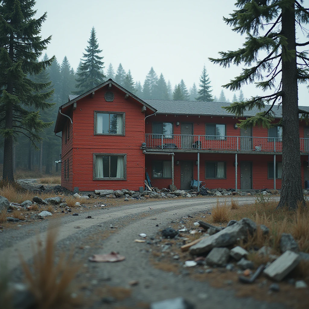  a screenshot of a location in a videogame  the image of the scene consists of:  [above-ground vacant train freeway partially collapsed], a red 1980's construction mansionesque wooden motel painted red, surrounded by war-torn pollution wreckage, wooded area emoji