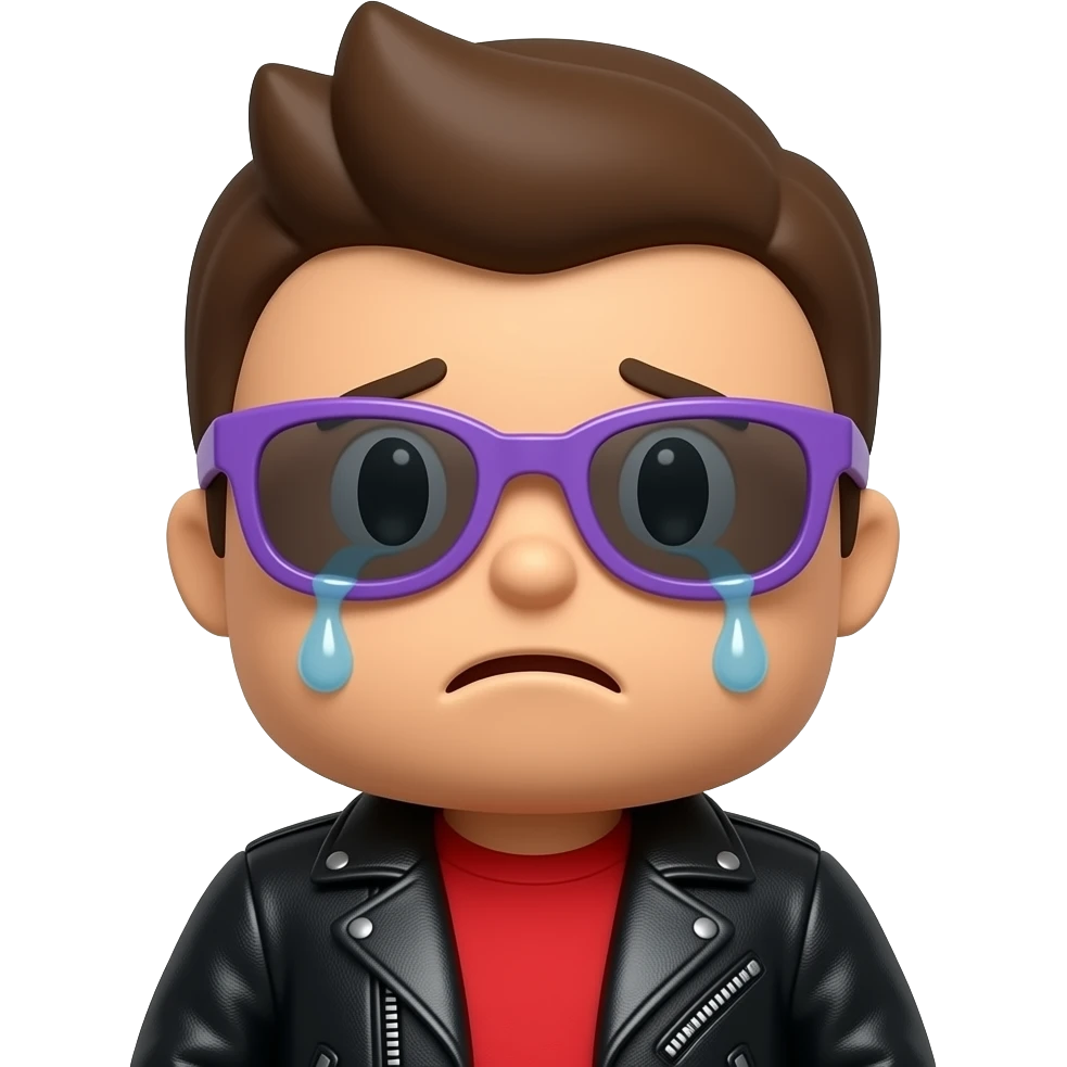 Crying Roblox POCOYO boy avatar emoji, brown hair, purple sunglasses, black leather jacket, red shirt with... emoji