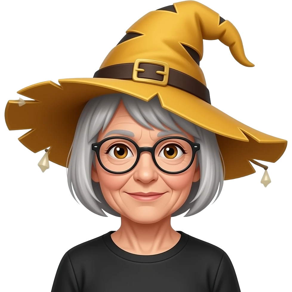 Beautiful woman short grey hair brown eyes glasses 75 years yellow  tattered 
witches hat emoji