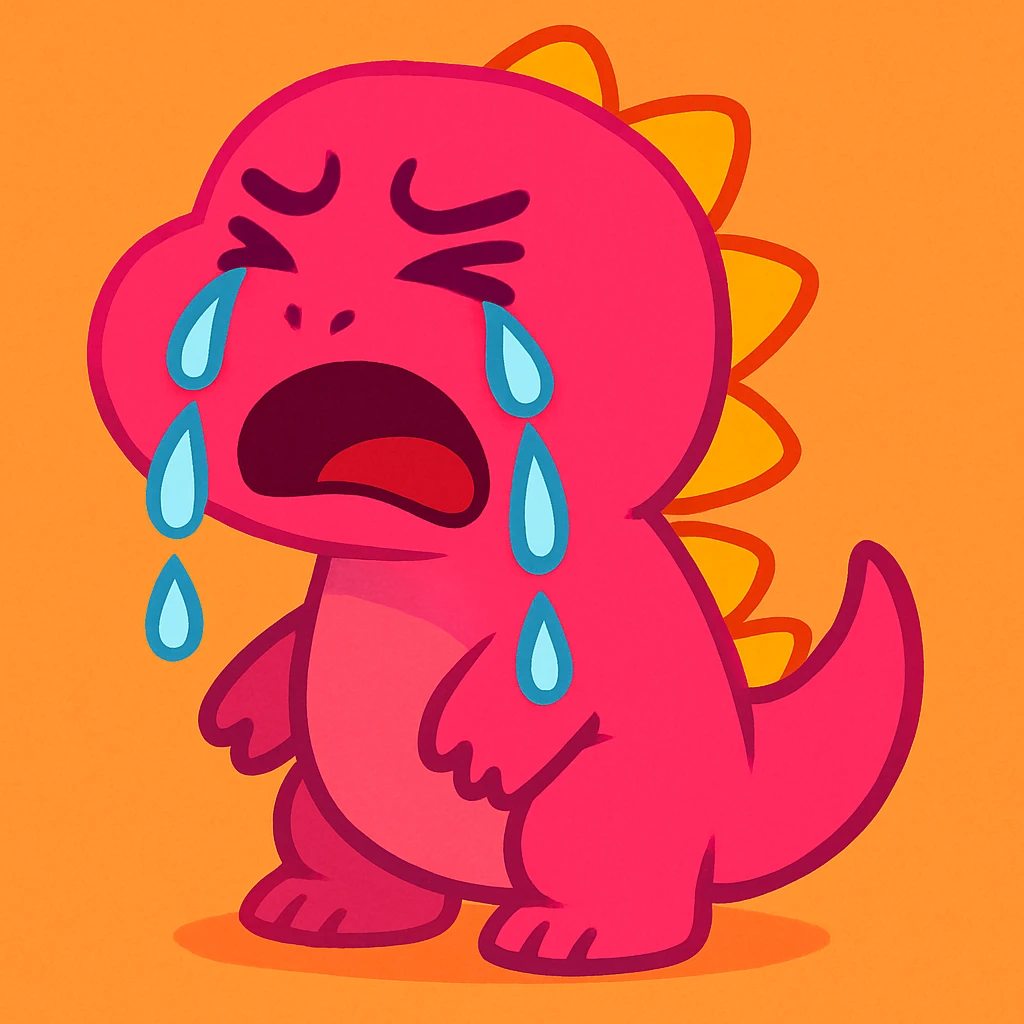 cartoon dinosaur crying, hot pink color, tears dripping down, vibrant, cute emoji