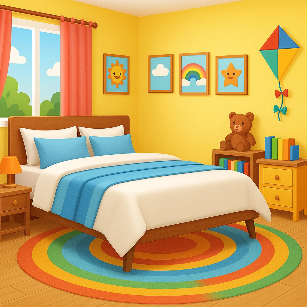Add a colorful bedroom background with bright walls, playful decorations, and a cozy rug. Keep the room tidy and inviting in emoji style emoji