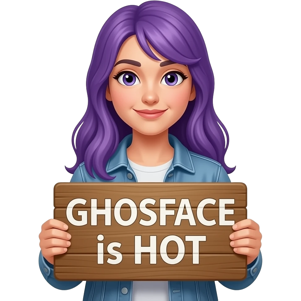 girl with long purple hair holding a GHOSFACE is HOT sign emoji
