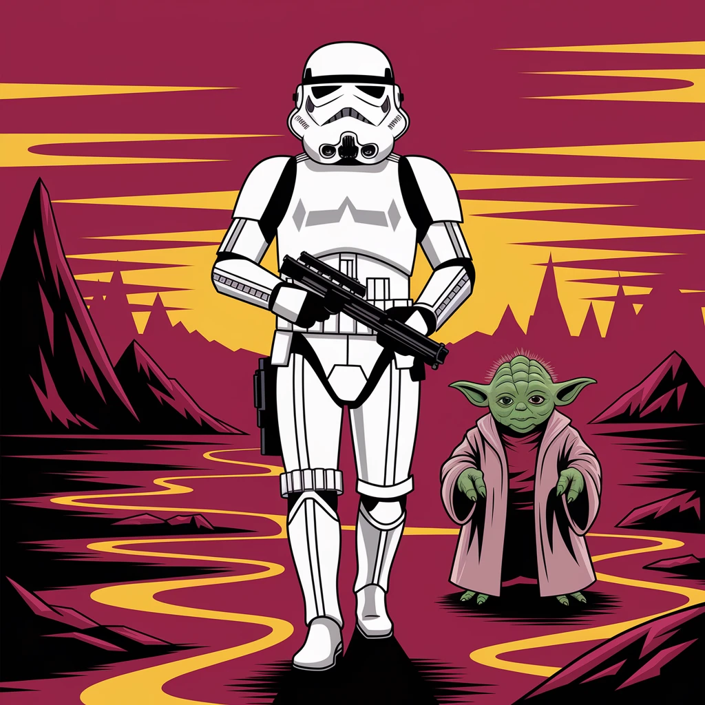 vector art of a Starwars stormtroopers is walking on lava planet with yoda, battleground background 
 emoji