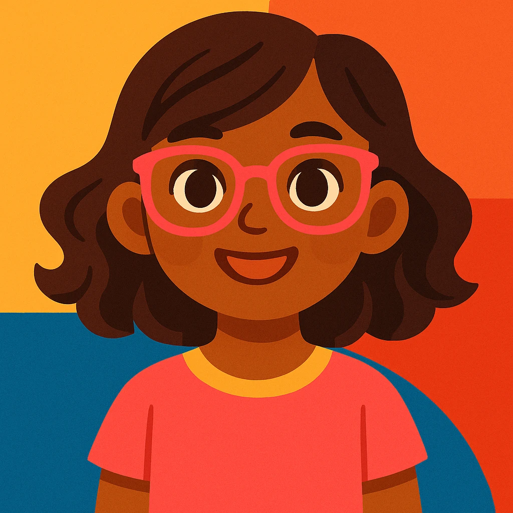 girl with medium brown hair and brown eyes, wearing pink glasses, modern friendly illustration style emoji