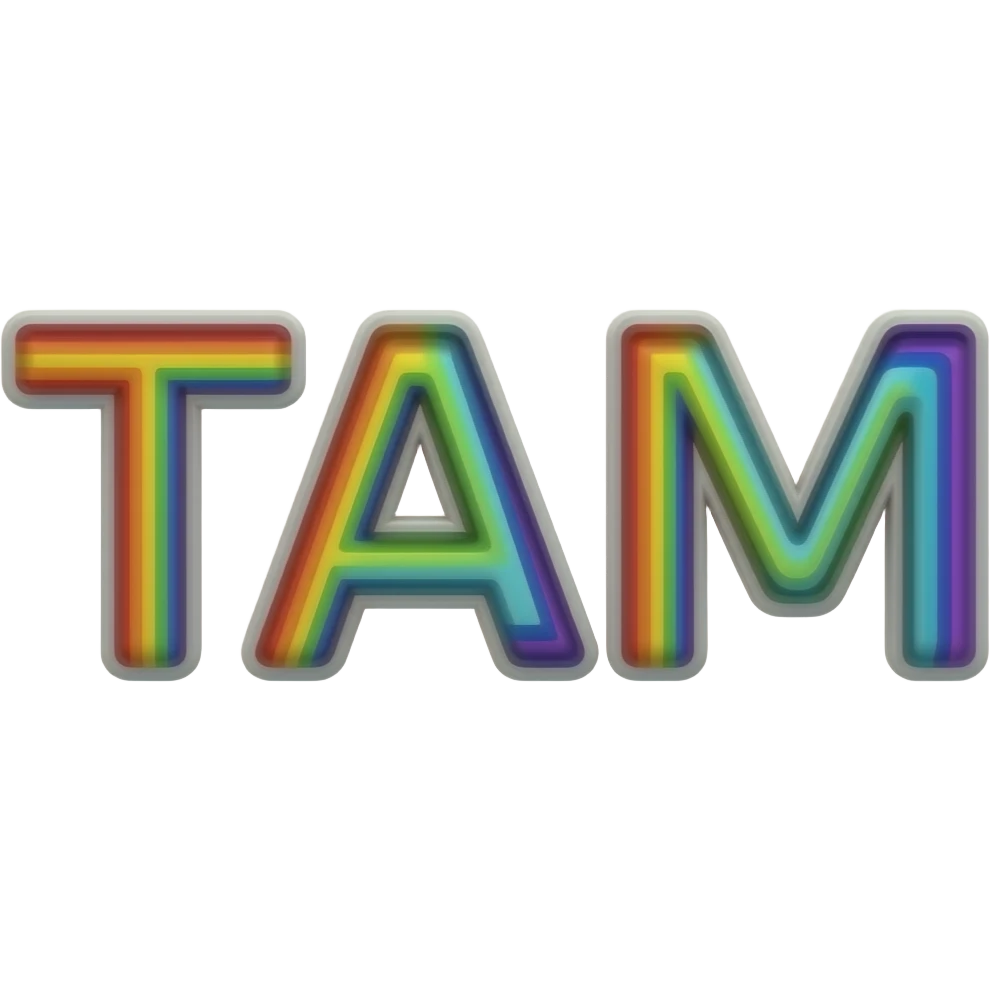 name "Tam" in grey typography lettering, each color of the rainbow as a border outlined around each letter, isolated, 3d rendering, no emoji icons no emoji faces and must have no human figures emoji