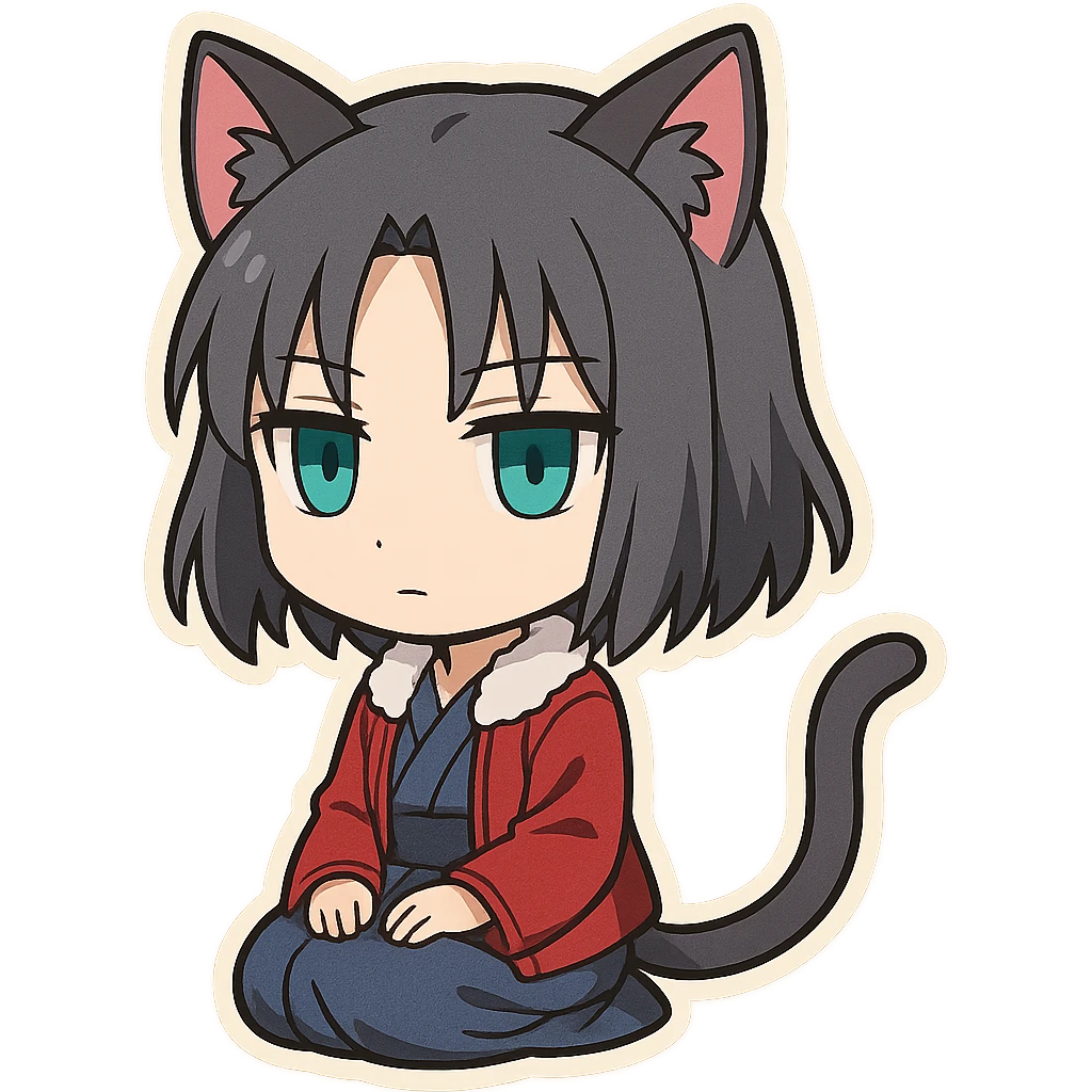 chibi Ryougi Shiki with cat ears and cat tail, Mystic Eyes of Death Perception, neutral expression, calm and enigmatic, true to her personality emoji