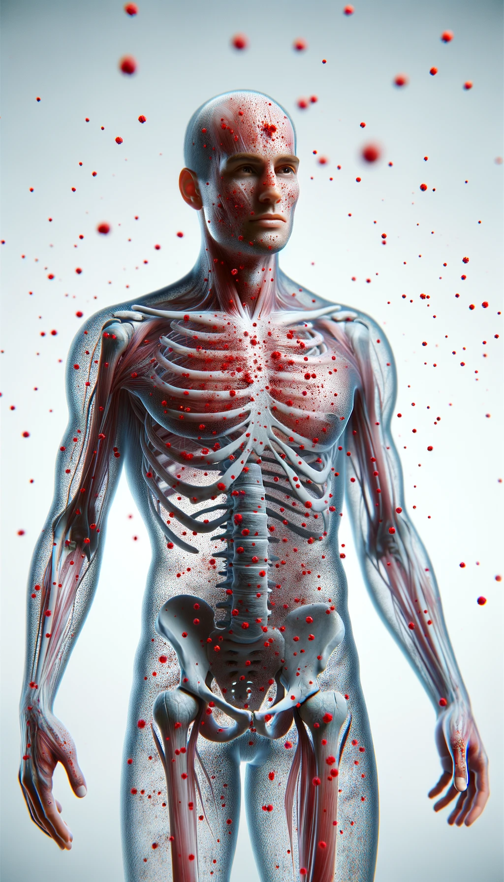 CORPO UMANO ANATOMICO CON RED SPOT DI INFIAMMAZIONE SPARSI SUL CORPO, SFONDO CHIARO, iperrealistico 4k emoji