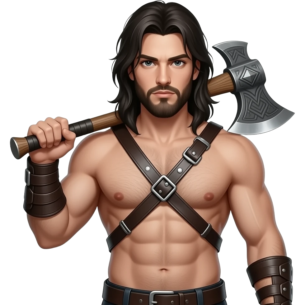 Sexy gothic strong bearded  man no shirt  leather straps with holding an axe emoji
