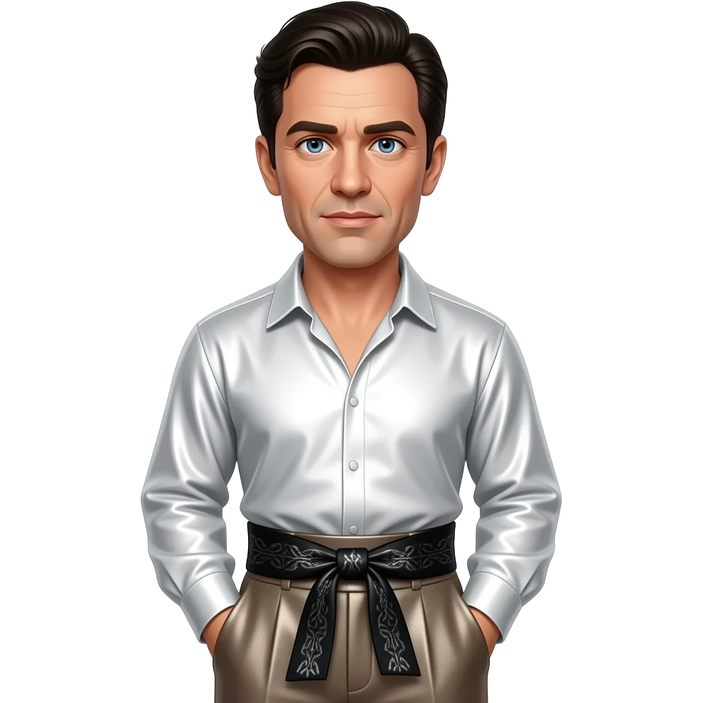 Oliver Reed with blue eyes, black hair, white metallic blouse, black obi belt, taupe metallic baggy wide leg pants emoji