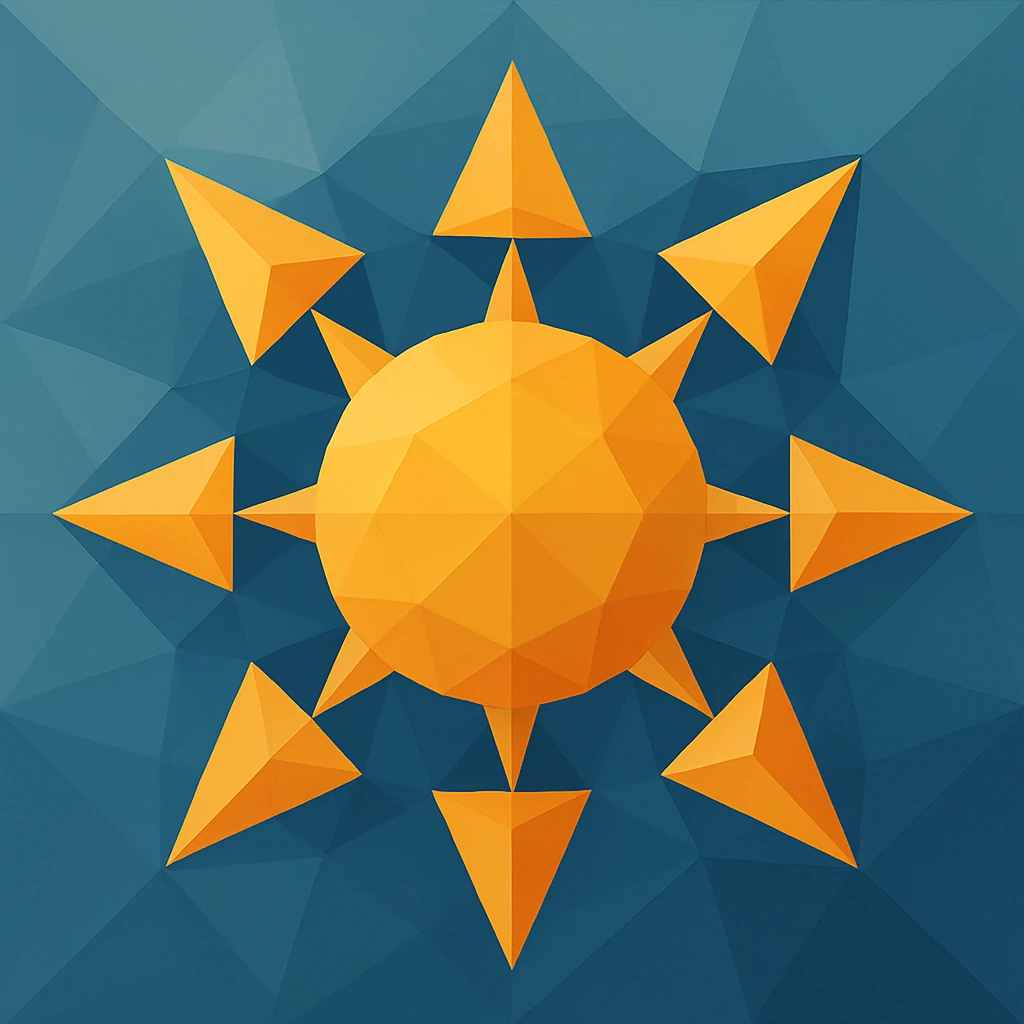 symbole représentant la centralisation, style abstrait, formes géométriques centrées, cercle central entouré de triangles, style polygonal emoji